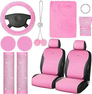 Nuenen 15 Pcs Pink Car Accessories Set Car Seat Covers Full Set Diamond Car Accessories Diamond Steering Wheel Covers Rhinestone Seat Belt Covers Glitter Center Console Pad Car Interior Decor