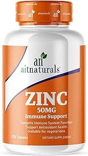 Aitnaturals Zinc Gluconate 50mg Supplement 250 Tablets, Supports Immune System Function, Antioxidant Health, Wellness, and Reproductive Health, Dietary Minerals Zinc Supplement for Men