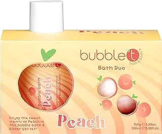 إصدار Tastea من Bubble T Cosmetics، ثنائي استحمام فيزي بالخوخ الحلو والفواكه، حمام فقاعات 100 مل وباث بومب فيزر 150 جم