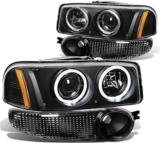 DNA MOTORING HL-HPL-GMCD004P-BK-AM Black Amber Dual LED Halo Rings Projector Headlights Replacement For 02-06 Sierra 1500 Denali