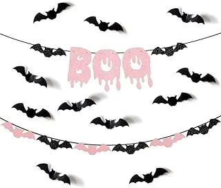 BOO Halloween Banner with Glittering Bats Pink Halloween Garland with glittering Bat for Halloween Party Decorations Halloween Mantle Decor