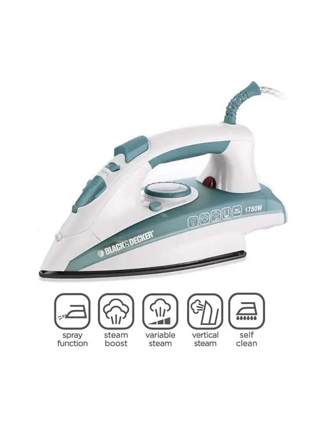 BLACK+DECKER Steam Iron with Non-Stick Soleplate/Self Clean Function 220 ml 1750 W X1600 Blue/White