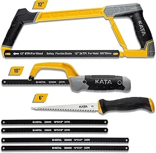 KATA Hacksaw Frame Set, 12“ Hacksaw Frame, 10'' Mini Hacksaw and Drywall Saw/Jab Saw, Including 4pc Extra Flexible Bi-Metal HSS Blades, Handsaw for Metal, Wood, PVC Pipes