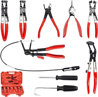 Swpeet 9Pcs Red Long Reach Flexible Wire Spring Hose Clamp Pliers Remover Assortment Kit, Clic R Type Angled Swivel Jaw and Flat Band Pliers for Automotive Radiator Heater and Water Hose