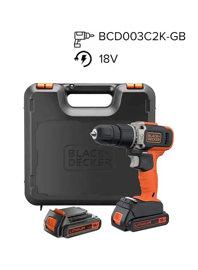 BLACK+DECKER Cordless Hammer Drill With 2 Batteries (1.5Ah Li-Ion) And Charger In Kitbox 18V BCD003C2K-GB Orange/Black