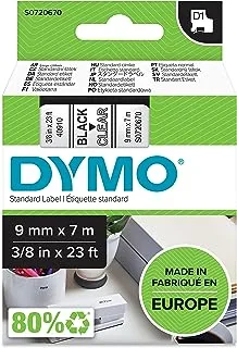 شريط ملصقات DYMO Standard D1 40910 (طباعة سوداء على شريط شفاف، 3/8 بوصة عرض × 23 بوصة طول، 1 خرطوشة)، DYMO أصلي