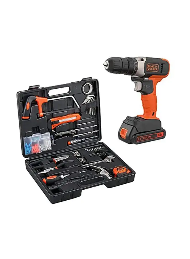 BLACK+DECKER Cordless Drill Driver with Li-Ion 1.5Ah Battery And Kitbox 18V BCD001C1MEA2-GB Orange/Black 50x65x15cm