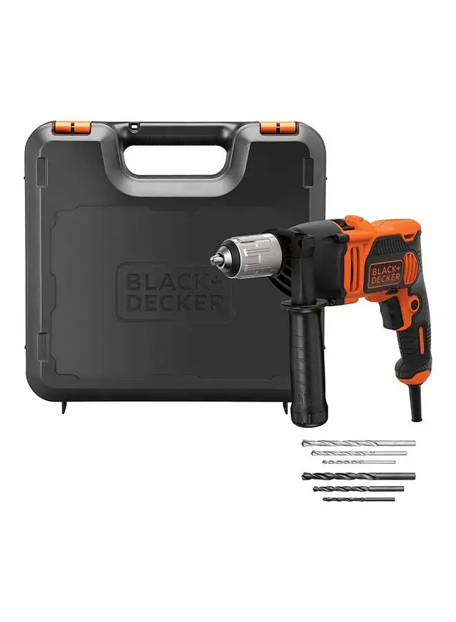 BLACK+DECKER Corded Hammer Drill with Variable Speed and Forward/Reverse Function Ideal for Wood, Metal and Masonry Drilling and 6 Drill Bits in Kit Box 3100RPM 850W BEH850K-GB Orange/Black