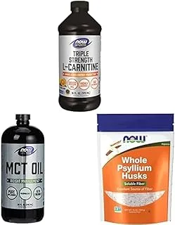 NOW Keto Fuel Bundle: L-Carnitine, Triple Strength 3000mg 16 Fl. Oz. + MCT Oil Liquid 32 Fl. Oz. + Whole Psyllium Husk Powder, Whole 454 grams