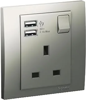 Schneider Electric Vivace, 1 Gang, Power Socket-Outlet + USB Charger, 13A, 2.1A USB, Aluminium Silver, KB15USB_AS_G12