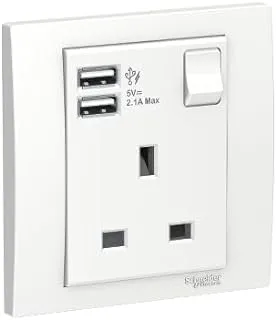 Schneider Electric Vivace, 1 Gang, Power Socket-Outlet + USB Charger, 13A, 2.1A USB, White, KB15USB_WE_G12