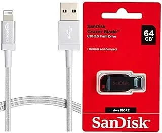 سلك كابل USB-A إلى Lightning من النايلون من Amazon Basics، شاحن معتمد من MFi لأجهزة Apple iPhone وiPad وفضي، 3 أقدام + محرك أقراص فلاش SanDisk سعة 64 جيجابايت SDCZ50-B35 C/B