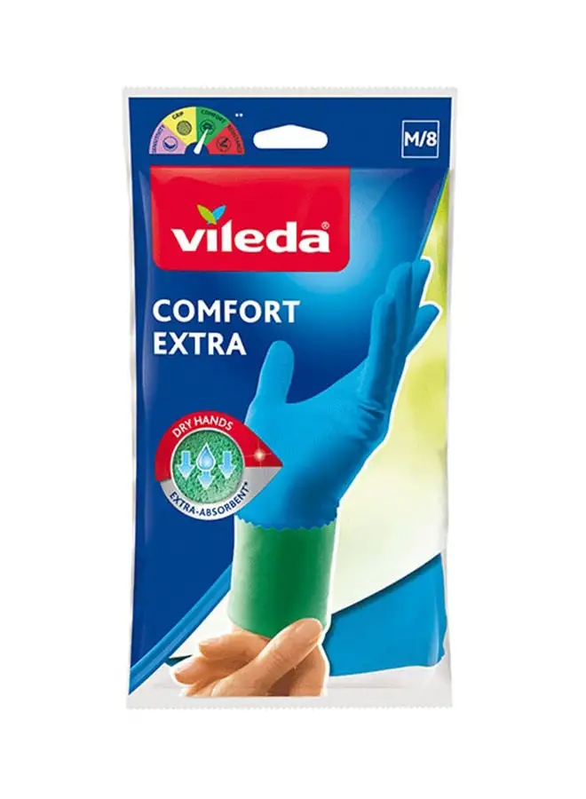 Vileda Vileda Comfort Extra Reusable Rubber Gloves M, Latex,  Absorbent Interior, Protects Your Skin, Blue & Green, Medium Size (1 Pair Per Pack)