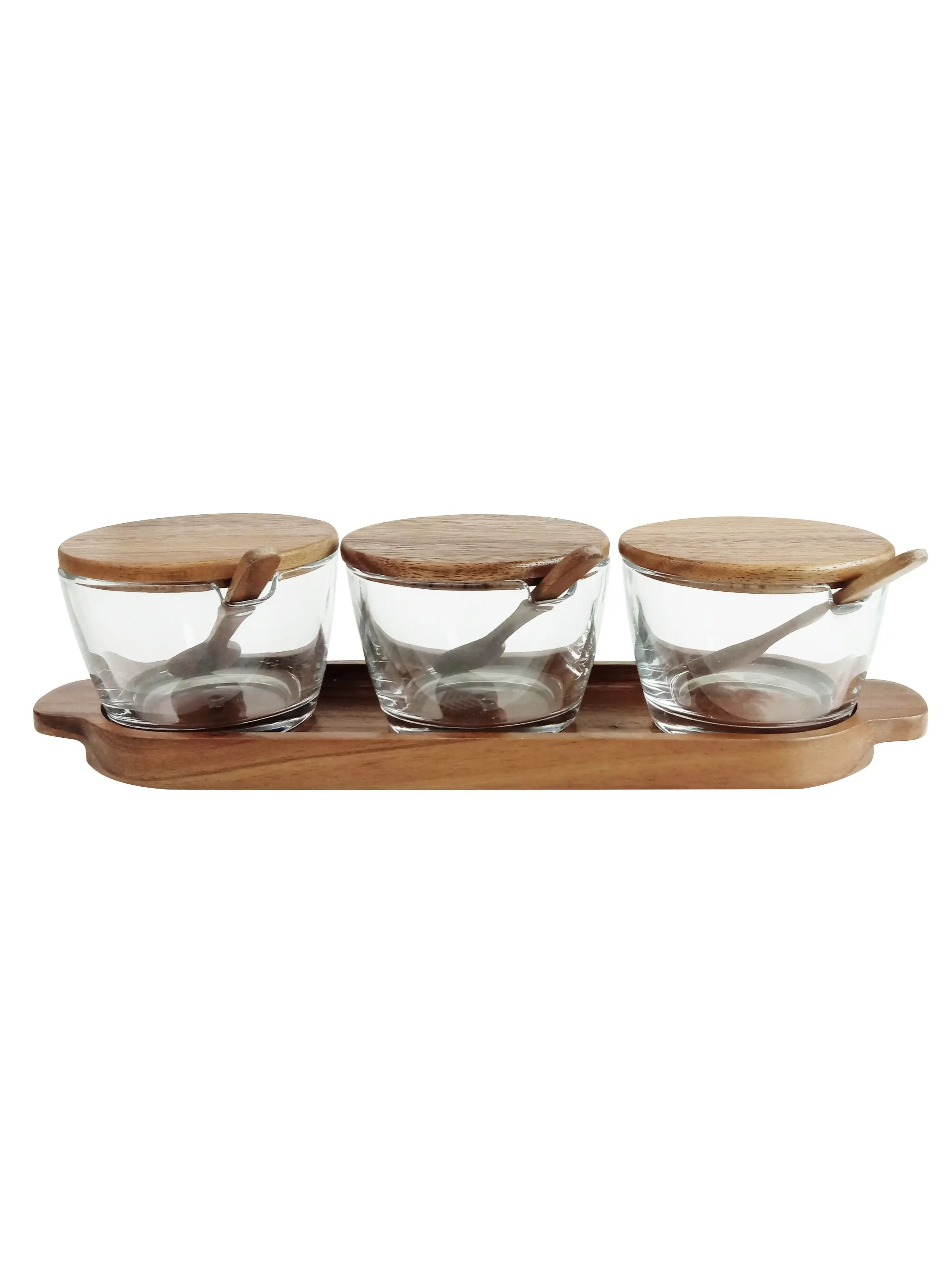 BILLI Glass Spice Jars Set of 3 - Condiment Pots Storage Jars with Wooden Lids, Spoons, Base