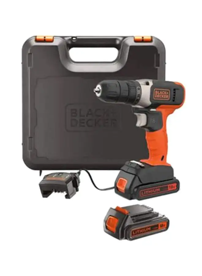 BLACK+DECKER Cordless Drill Driver With 2 Batteries (1.5Ah Li-Ion) And Charger In Kitbox 18V BCD001C2K-GB Orange/Black