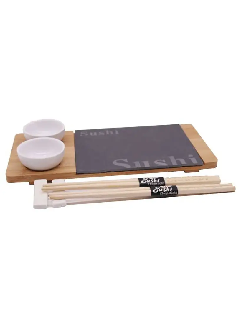 Cuisine Art Bamboo Ceramic Sushi Serving Tray Sets 7 Pieces Japanese Style Porcelain Sushi Plate Dinnerware with Soy Sauce Dishes with Bamboo Chopsticks