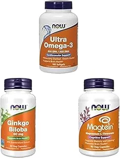 حزمة دعم الذاكرة والدماغ من NOW: Ultra Omega-3 500 EPA / 250 DHA 180 كبسولة جيلاتينية + الجنكة بيلوبا 60 ملغ 60 كبسولة نباتية + ماجتين 90 كبسولة نباتية