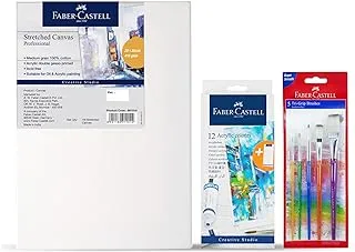 Faber-Castell Stretched Canvas 410gsm 10x14inch+Acrylic colors set 9x12colours Assorted Colors + Grip Paint Brushes Round & Flat Combination 5Pc (2,6,10, 8, 12) (Art and craft Combo Pack)