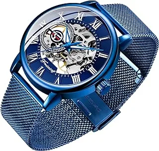 Dentily Men's Skeleton Watch Classic Roman Numeral Steampunk Mechanical Watch Hand-Wind Mens Watches (Blue)