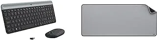 Logitech MK470 Slim Wireless Keyboard and Mouse Combo - Ultra Quiet, 2.4 GHz USB Receiver, EN Layout, Graphite + Logitech Desk Mat - Anti-slip Base, Spill-resistant Durable Design, Mid Grey