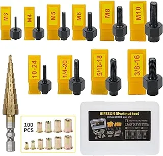 HIFESON Rivet Nut Tool Hand Nuts Riveter Rivnut Tool Metric and SAE with Step Drill Accessory for Steel Nuts M3 M4 M5 M6 M8 M10 10-24 1/4-20 5/16-18 3/8-16 (Steel)