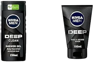 NIVEA MEN 3in1 Shower Gel Body Wash, Cleansing DEEP Micro-Fine Clay, Woody Scent, 250ml + Nivea Men Face & Beard Wash Cleanser, DEEP Active Charcoal, 100ml