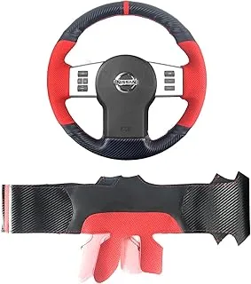 Matte Black Carbon Fiber&Red Perforated Leather Steering Wheel Cover Hand-Stitch Sew on Wrap for Nissan Pathfinder 2005-2012 / Nissan Xterra 2005-2015 / Nissan Frontier 2005-2019