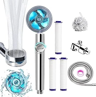 High Pressure Shower Heads, Handheld Turbo Fan Shower, Hydro Jet Shower Head Kit with Replacement Hose/Bracket/Cotton Filters and Bath Loofah, One Key Pause Switch 360 Degrees Rotating