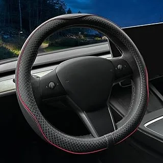 LKWLIKEI Custom car Steering Wheel Cover for Tesla. Nappa Leather Ultra-Thin with Non-Slip Design and Interior Modification of Accessories (for Tesla Model 3/Y)（Black Red） (TSL-4)