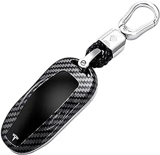 DHESPT Tesla Key Fob غطاء حماية غطاء حماية لطراز Tesla S/3/Y ABS من ألياف الكربون نمط ذكي للتحكم عن بعد في السيارة حامي مفتاح السيارة، ألياف الكربون أسود، S