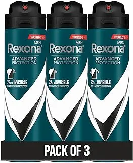 Rexona for Men Antiperspirant Deodorant Spray, 72 hour sweat & odor protection*, Antibacterial + Invisible, with MotionSense technology, 3 x150ml