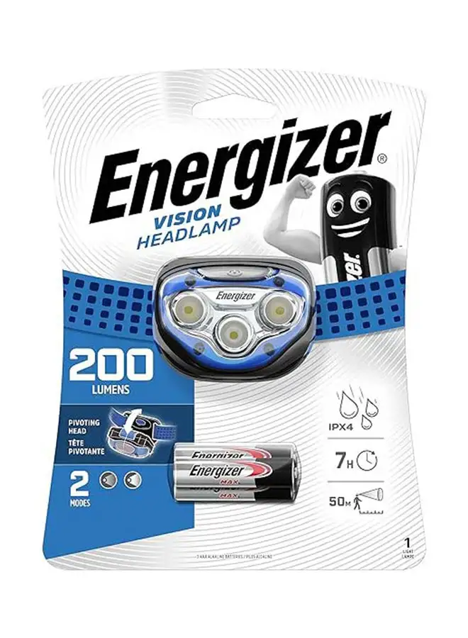 Energizer Energizer Vision LED Head Torch, Bright Headlamp, Water Resistant, Hands-Free, Lightweight for Indoor and Outdoor Activities, Batteries Included Blue/Black/Silver