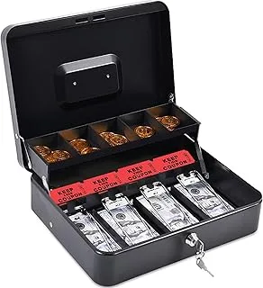 Cash Box, Cash Box with Money Tray, Durable Large Steel Cash Boxes, 5 Compartment Tray, 4 Spring-Loaded, Come with 2 Key, Black