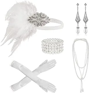 Cizoe 1920s Flapper Gatsby Costume Accessories Set 20s Flapper Headband Vintage Pearl Necklace Gloves