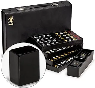 مجموعة Yellow Mountain Imports اليابانية Riichi Mahjong، بلاط أسود مع علبة فينيل سوداء - East Wind Tessera، مجموعة من أعواد الرهان، النرد - الإصدار المفضل من جمعية Mahjong الأوروبية