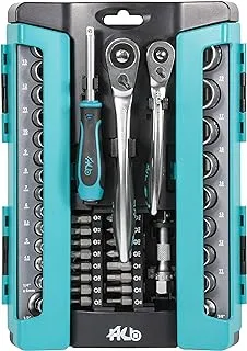 HB 120P Teardrop/Offset/Reversible/Quick Release Ratchet Handle 3/8 & 1/4-Inch Drive, Spinner Handle, Torx/Hex bits, Metric/Standard socket Mechanical Tool Set 64-piece, Made in Taiwan AKM010-U