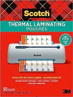 Scotch Dry Erase Thermal Laminating Pouches, 50-Pack, Works with Dry Erase Markers, Reuseable Worksheets, Calendars, Checklists, 8.9 x 11.4 Inches, Letter Size, Clear Professional Finish (TP3854-50DE)