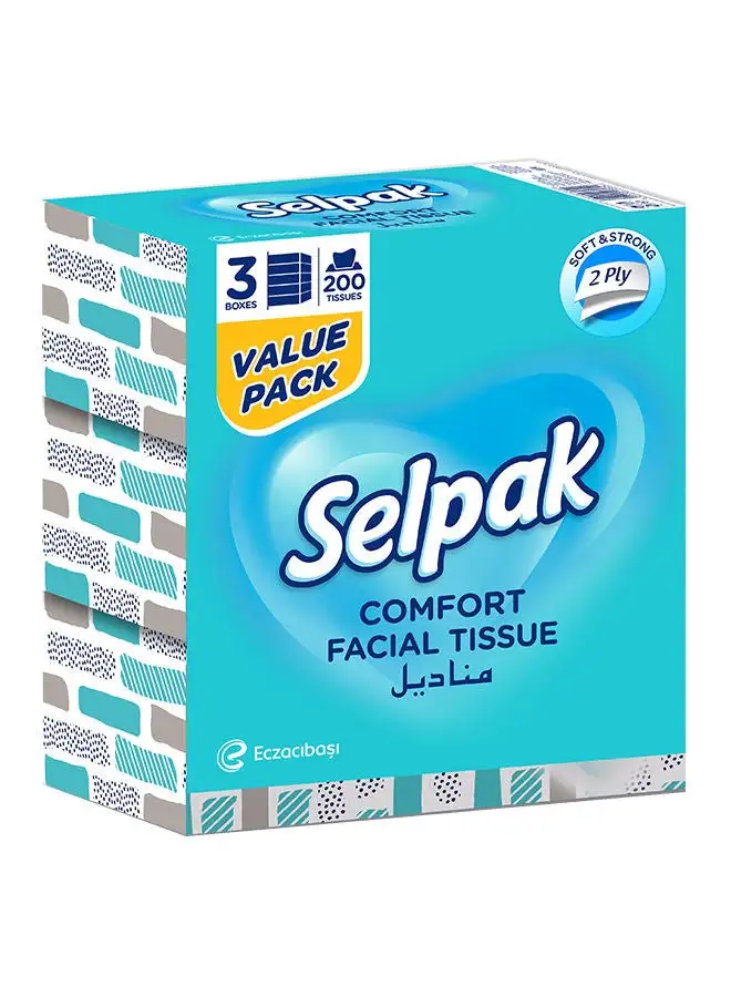 Selpak Comfort Boxed Facial 2 Ply Tissue White 200 Sheets Pack of 3