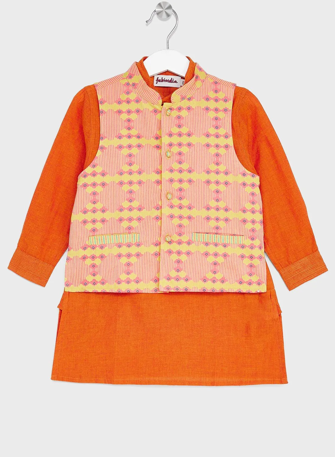 Fabindia Kids Printed Jacket & Kurta Set