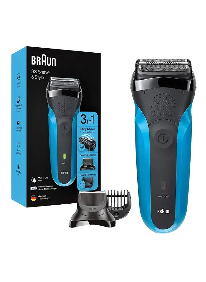 BRAUN Series 3 Shave And Style 310BT ، ماكينة حلاقة كهربائية قابلة للشحن للاستخدام الجاف والرطب أسود / أزرق