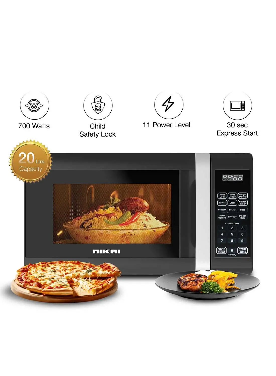 NIKAI Microwave Oven, Digital Touch Control, Child Safety-Lock, 10/11 Power Levels And 6 Auto Menus, Cooking End Signal, Touch Control Panel, Convenient Pull Hand Door 20 L 700 W NMO2010DB Black