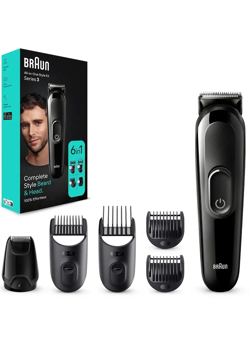 BRAUN 6 In 1 Style Kit With 3 Ultra-Sharp Metal Blades, Ni-MH Battery, Wet And Dry - MGK 3410 Black