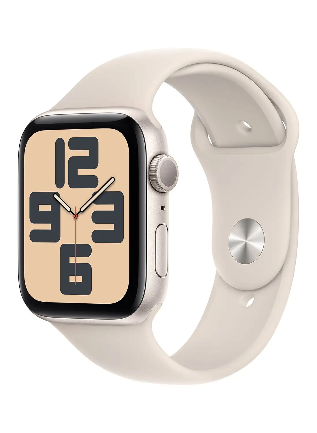 ساعة Apple Watch SE (2023) مزودة بنظام تحديد المواقع العالمي (GPS) مقاس 44 ملم، هيكل من الألومنيوم بإضاءة النجوم مع حزام رياضي بإضاءة النجوم