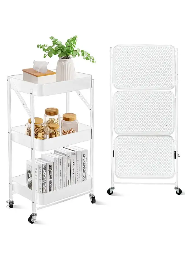 Home Home Brand 3 Tier Foldable Metal Rolling Utility Cart Organizer, 46x30x76cm Multipurpose Organizer Trolley with Casters for Kitchen, Bedroom, Bathroom, Office, Laundry Room and Garage White