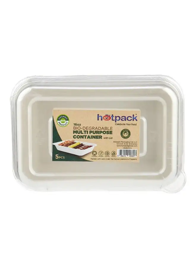 Hotpack 5-Pieces Bio-Degradable Multi Purpose Container With Lid White/Clear 18x12x6.5cm