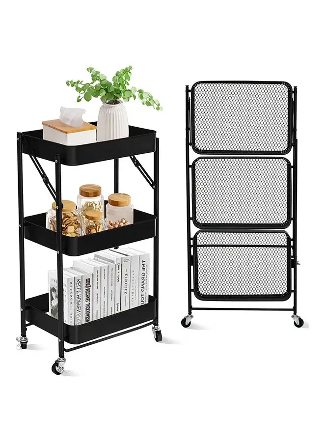 Home Home Brand 3 Tier Foldable Metal Rolling Utility Cart Organizer, 46x30x76cm Multipurpose Organizer Trolley with Casters for Kitchen, Bedroom, Bathroom, Office, Laundry Room and Garage Black