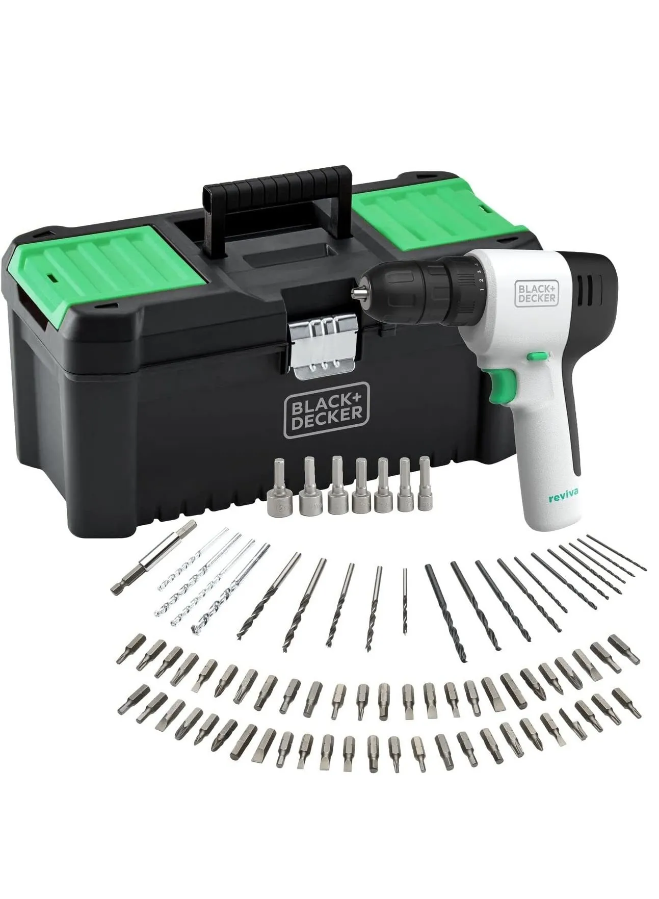 BLACK+DECKER Reviva Cordless Drill Kit 12V with 80 PC Accessories 12.5 storage Eco Toolbox REVDD12ASTB-GB 2 White/Green