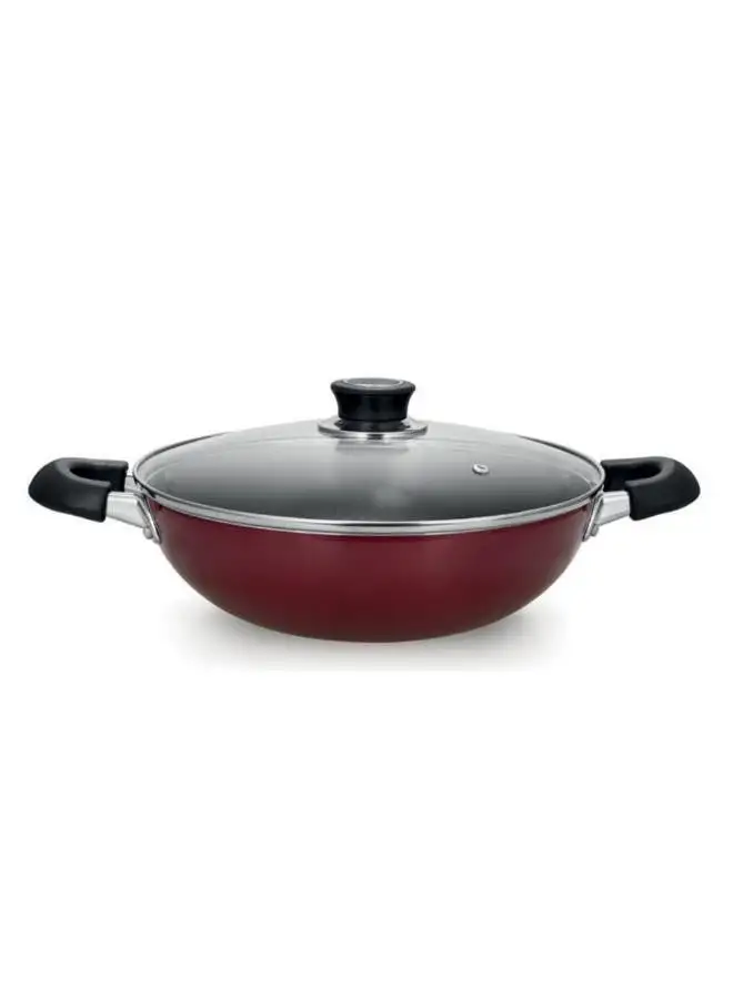 Royalford Aluminium Wok Pan With Glass Lid Red/Clear 30cm