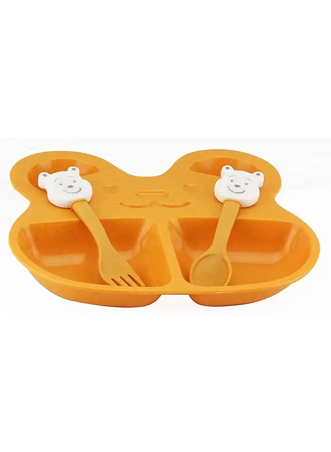 Home Shallow BD-WS-19 Wheat Straw Tableware Set - Kitten Design Plate, Spoon, Fork - Yellow