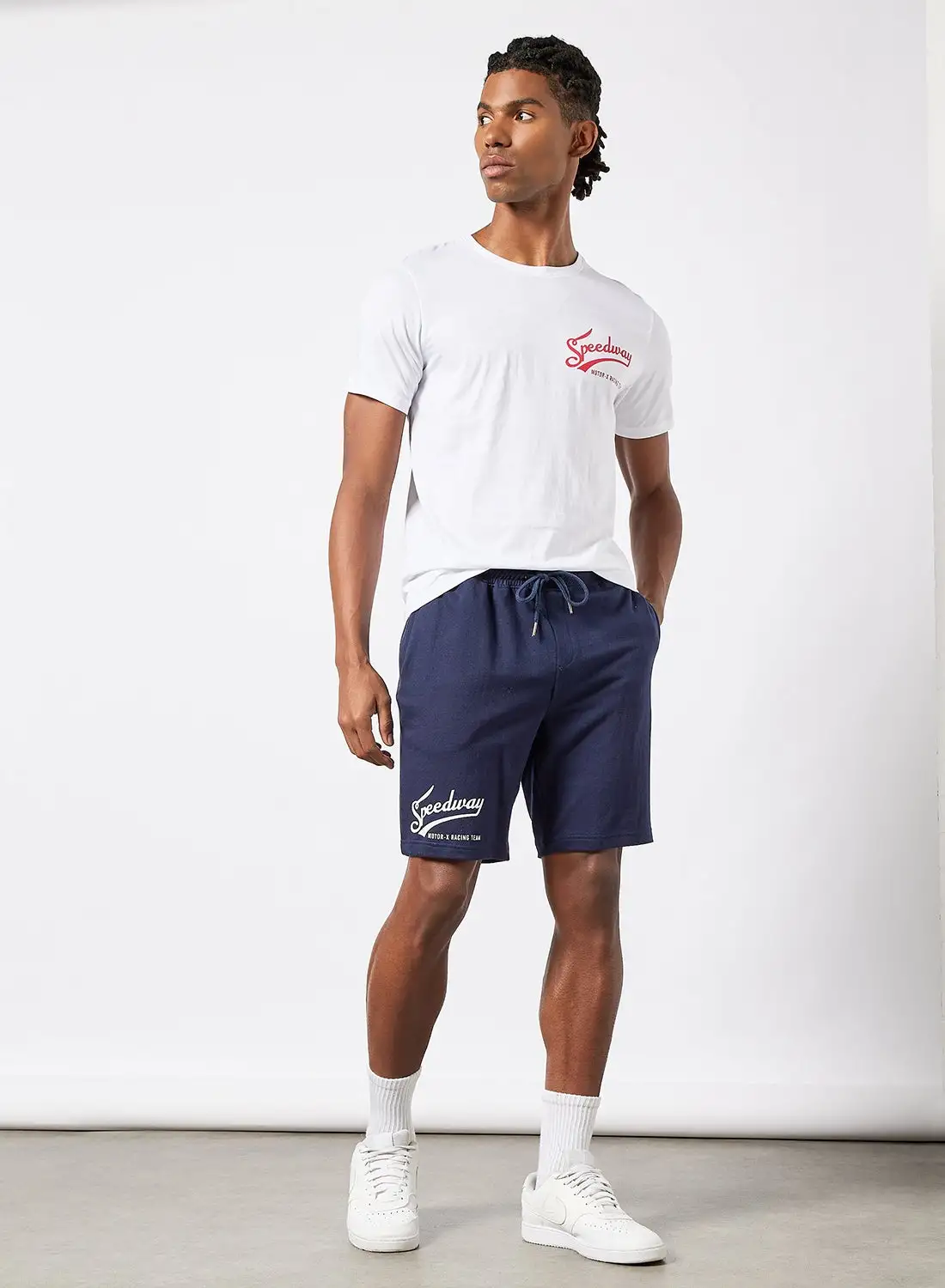 QUWA Printed T-Shirt And Shorts Set White/Navy